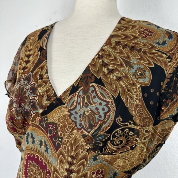 Vintage Y2K Silk Dress Citrine Women 10 Brown Paisley Boho Midi Bias Chiffon - Picture 6 of 14